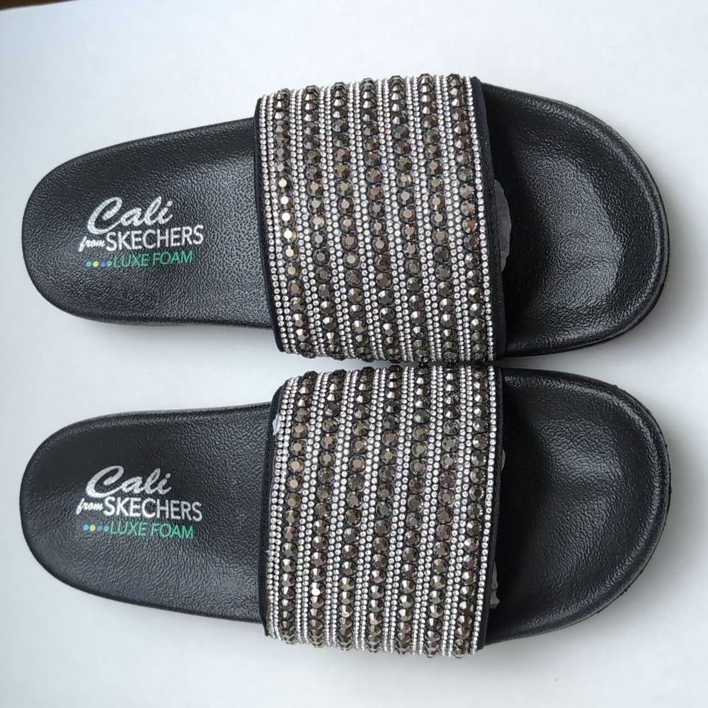 Skechers Women's Black-Silver Luxe Foam Pop Ups Rocker Glam Sz 11 Slides LNW BOX
